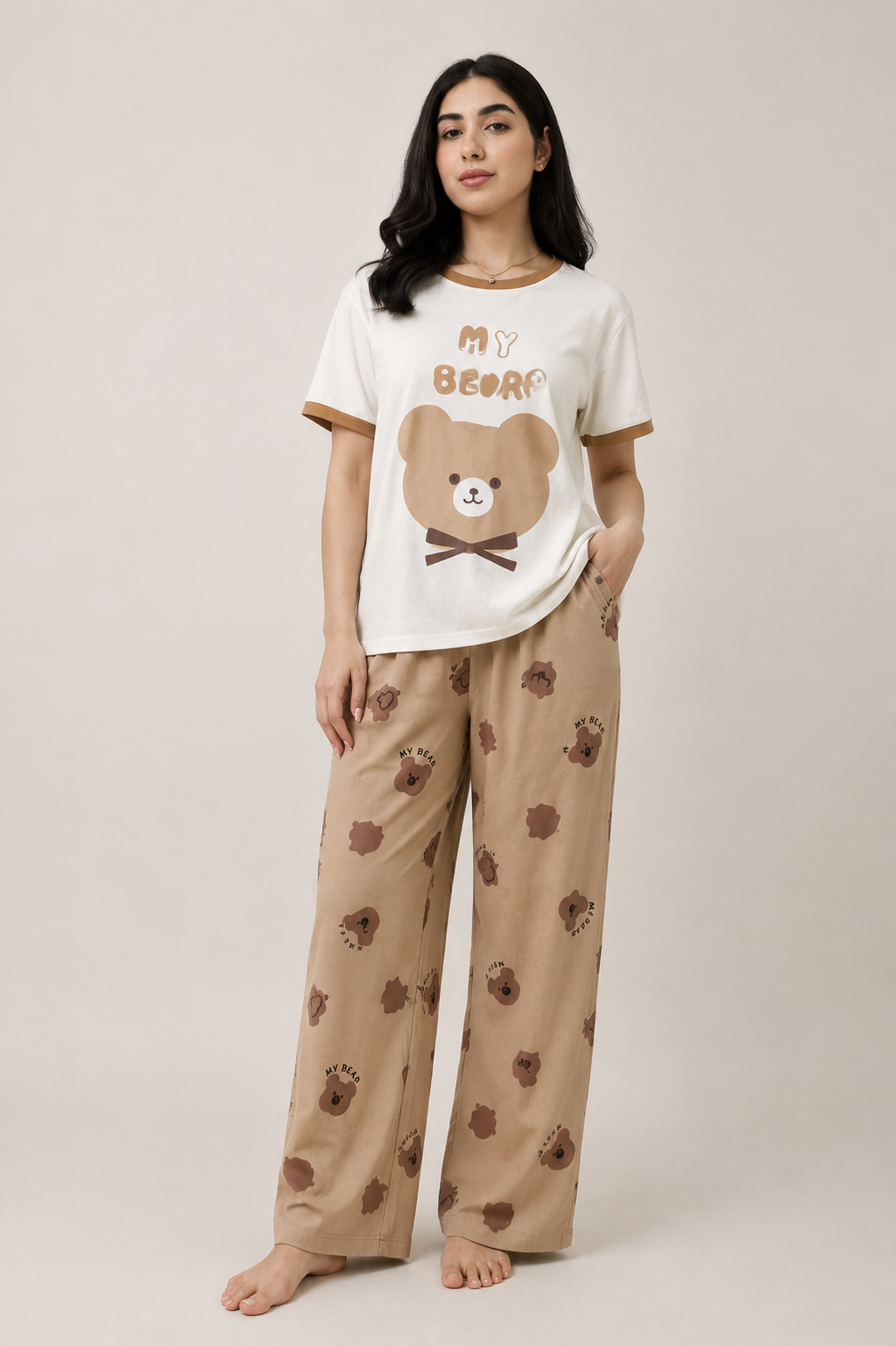 Women\'s My Bear Night Suit – White Graphic T-Shirt & Beige Bear Print Pajama Set